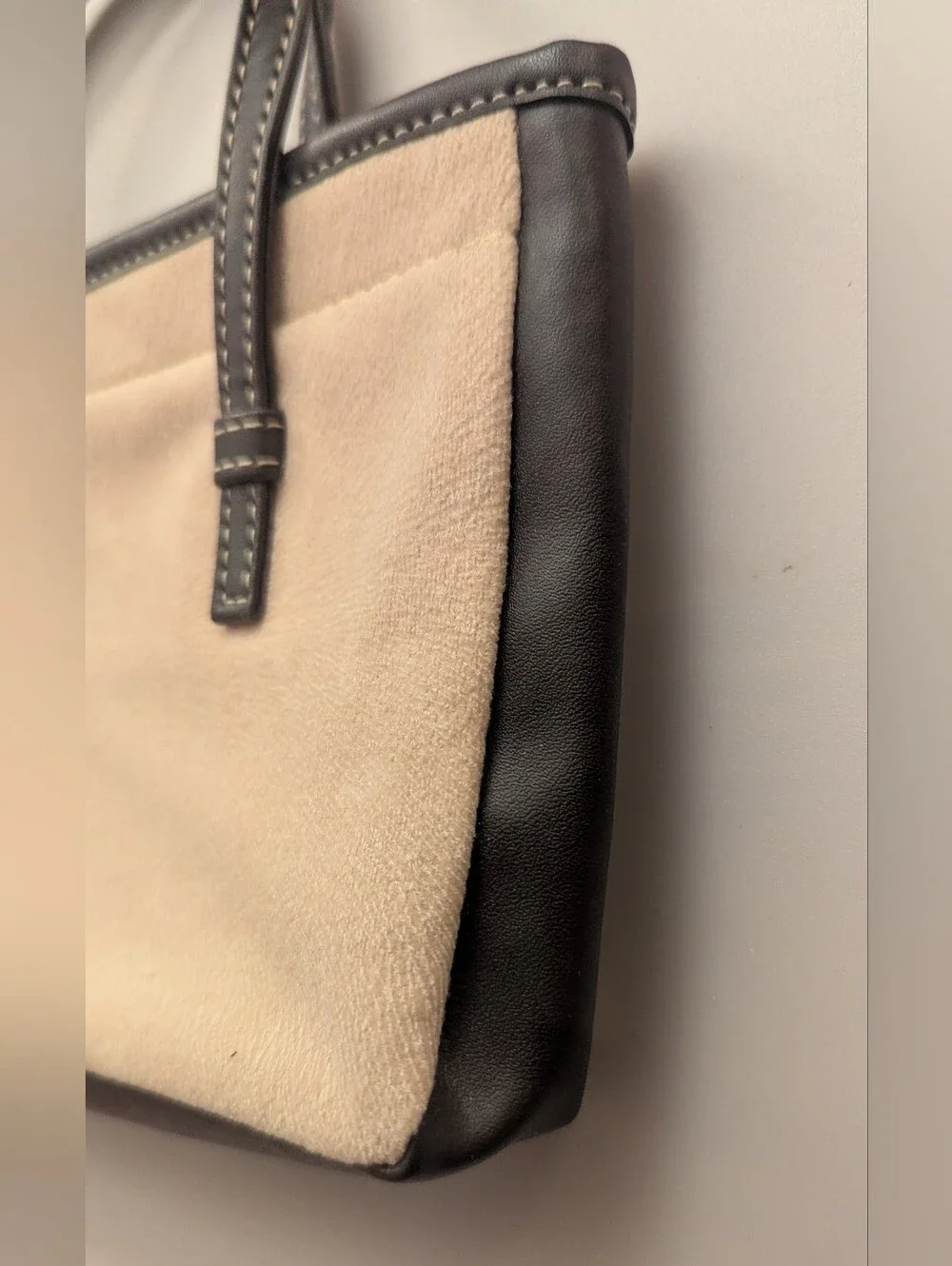 Lancome Beige Brushed Felt Brown Leather Trim Lined Zippered Clutch Tote 8.5